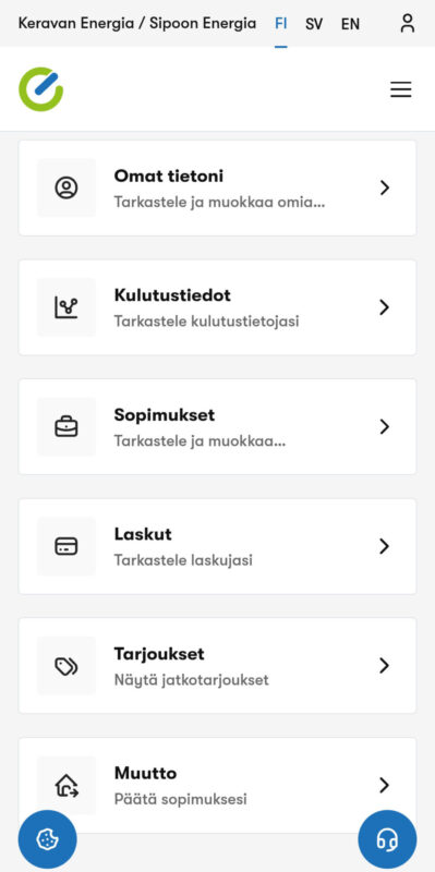 Etusivun valikot uudessa portaalissa